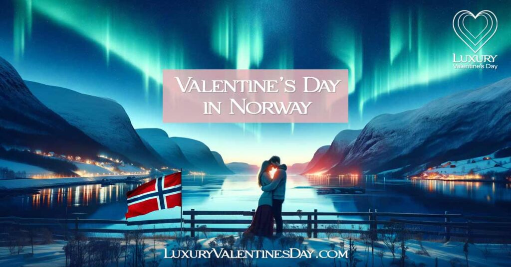 Valentine's Day in Norway: Romantic Norwegian Northern Lights scene with couple and flag. | Luxury Valentine's Day