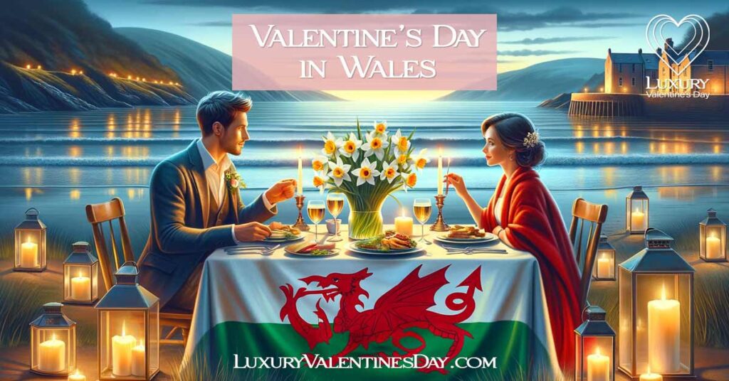 Couple enjoying a candlelit dinner on the Welsh coast with the Welsh flag. | Luxury Valentine's Day