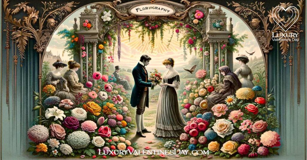 Victorian couple using floriography in a romantic garden setting. | Luxury Valentine's Day