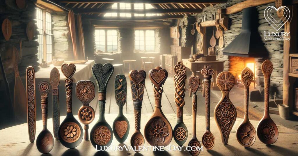 Variety of intricately carved Welsh love spoons. | Luxury Valentine's Day