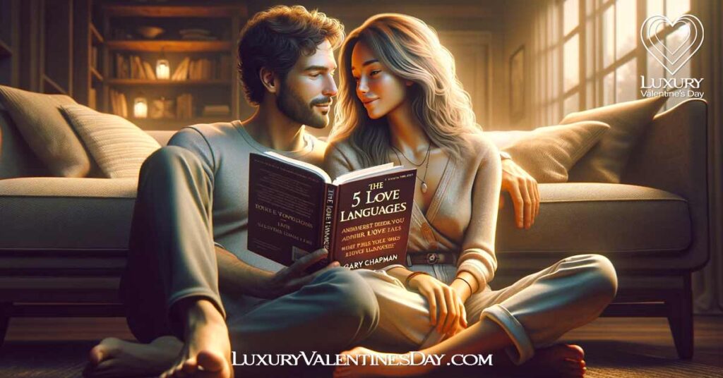 What Are the Five Love Languages: Couple reading 'The 5 Love Languages' by Gary Chapman in a cozy living room. | Luxury Valentine's Day