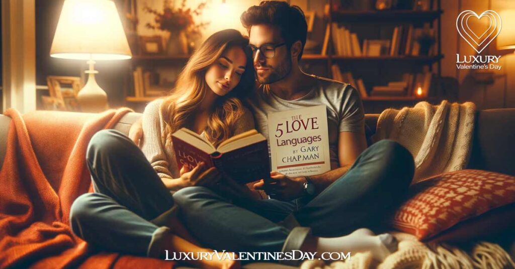 What are the Five Love Languages: Couple on sofa reading "5 Love Languages" by Gary Chapman. | Luxury Valentine's Day