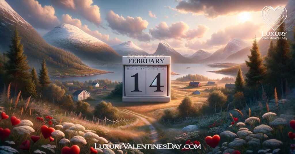 When is Valentine's Day in Norway: Calendar marking February 14th with a Norwegian landscape backdrop. | Luxury Valentine's Day