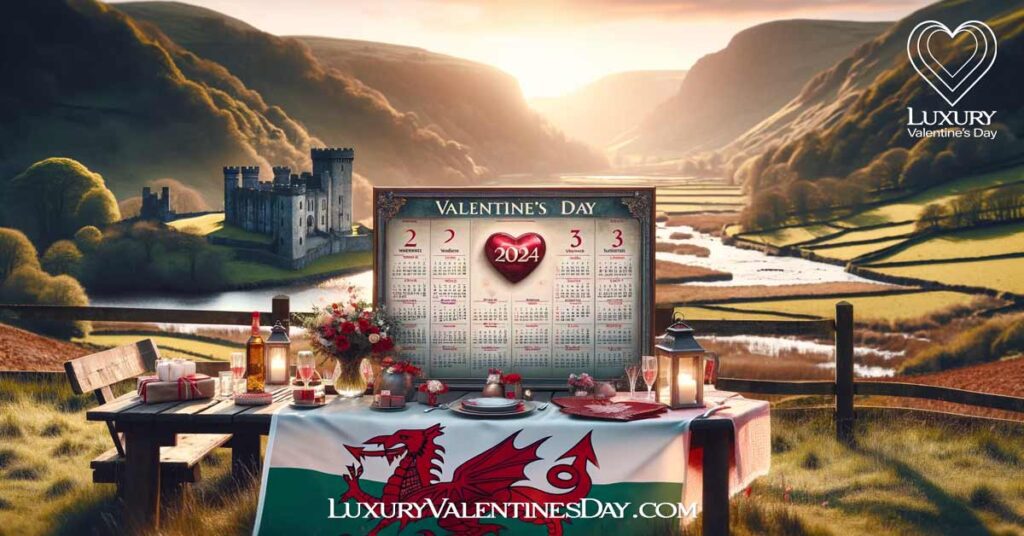 Romantic Welsh landscape with a calendar marking Valentine's Day dates. | Luxury Valentine's Day