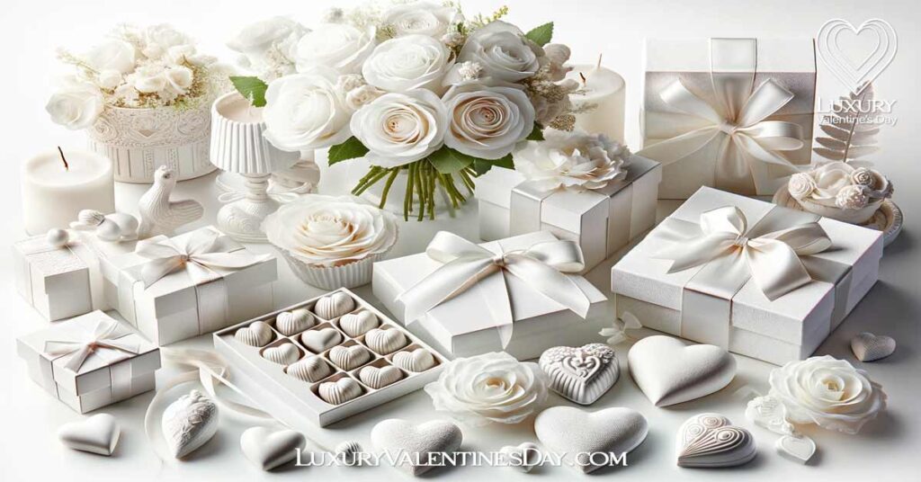 Elegant white-themed Valentine's Day gifts and decorations. | Luxury Valentine's Day