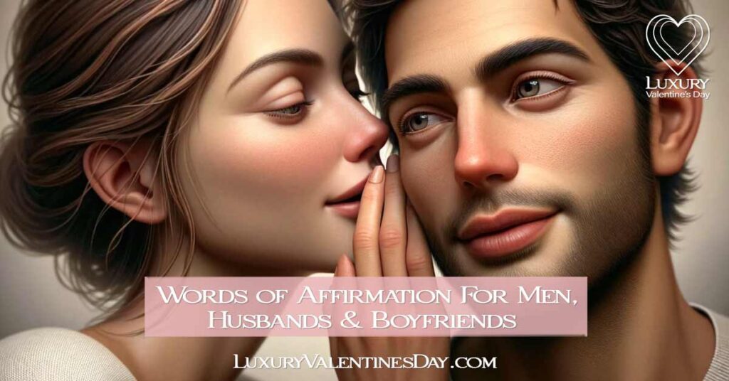 Words of Affirmation Love Language For Men, Husbands and Boyfriend: Woman whispering affirmations into a man's ear, symbolizing intimacy and trust | Luxury Valentine's Day | Luxury Valentine's Day