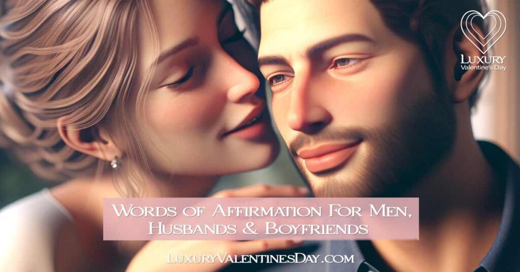Words of Affirmation Love Language For Men, Husbands and Boyfriend: Romantic moment of a woman affectionately whispering to a man, deepening their bond | Luxury Valentine's Day | Luxury Valentine's Day