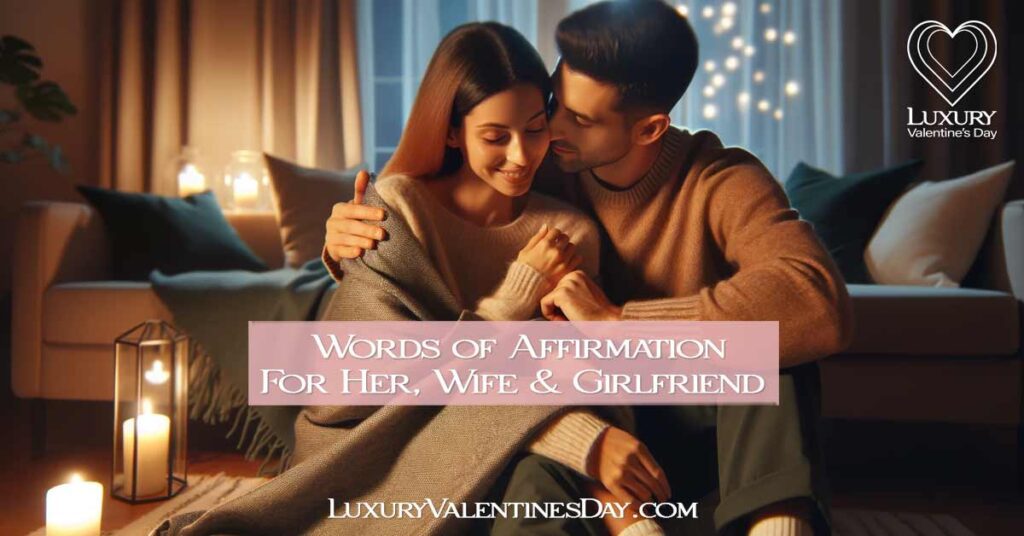 Words of Affirmation for Her: Couple in a cozy evening setting, sharing words of affirmation and a warm blanket. | Luxury Valentine's Day