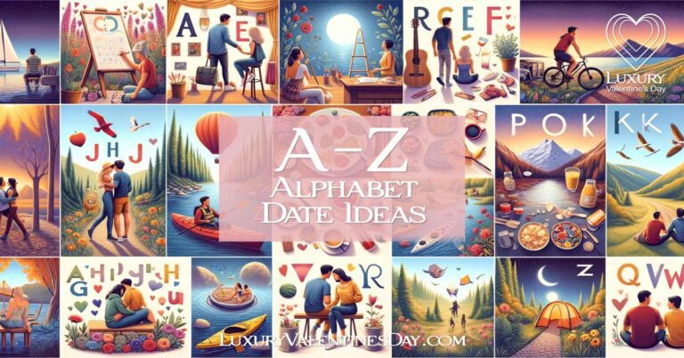 A-Z Alphabet Date Ideas: Collage of couples enjoying diverse alphabet date activities from A-Z, including art, hiking, and cooking | Luxury Valentine's Day