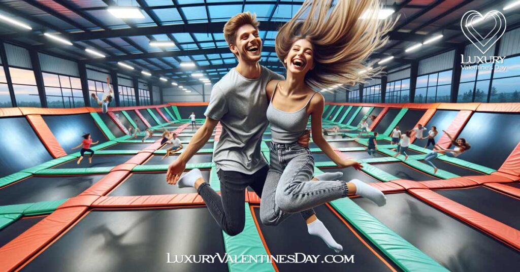Active and Fun Indoor Date Ideas: Couple laughing and jumping together at a vibrant indoor trampoline park | Luxury Valentine's Day