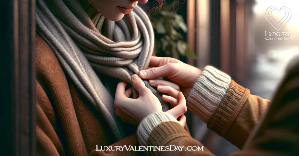 Acts of Service with Physical Touch Love Language: Person gently adjusting partner's scarf, showing care | Luxury Valentine's Day