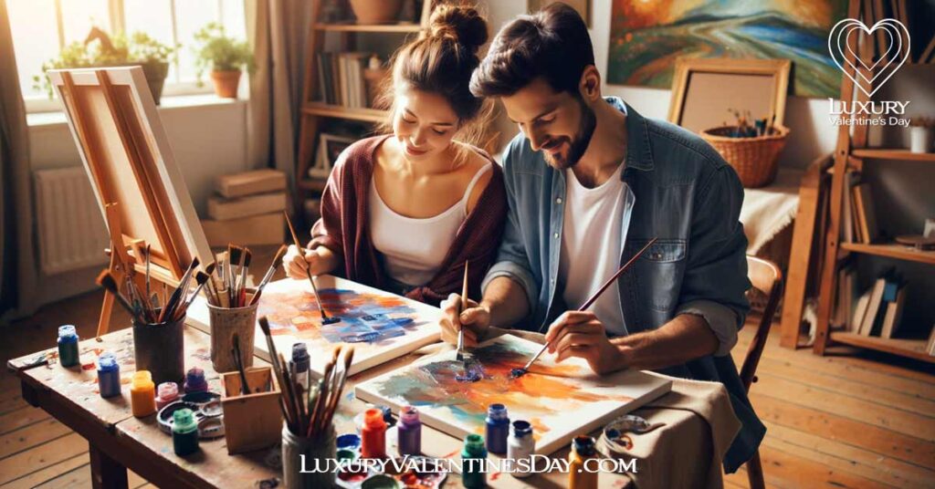Arts and Crafts Valentine Date Ideas: Couple painting together in a home studio, surrounded by art supplies | Luxury Valentine's Day
