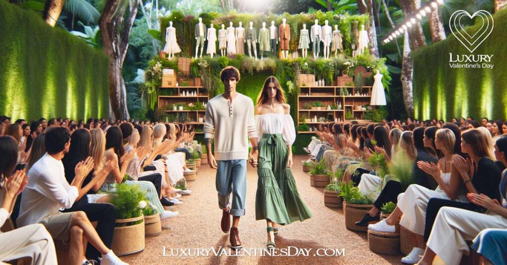 Arts and Culture Eco Friendly Date Ideas: Couple showcasing eco-friendly fashion on a greenery-surrounded runway | Luxury Valentine's Day