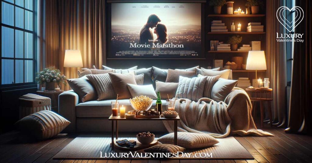 At Home Date Night Ideas Activities For Couples: Cozy living room setup for a movie marathon night for couples. | Luxury Valentine's Day