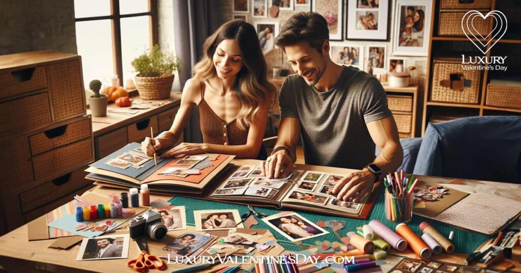 At Home Date Night Ideas Create a Scrapbook: Couple creating a scrapbook together with crafting supplies | Luxury Valentine's Day