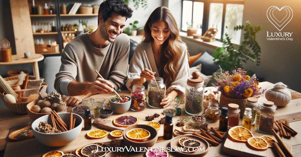 At-Home Date Night Ideas DIY Potpourri Making: Couple engaging in DIY potpourri making with natural ingredients. | Luxury Valentine's Day
