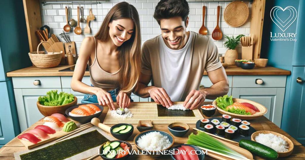 At-Home Date Ideas DIY Sushi Making Night: Couple engaged in DIY sushi making at their kitchen counter | Luxury Valentine's Day