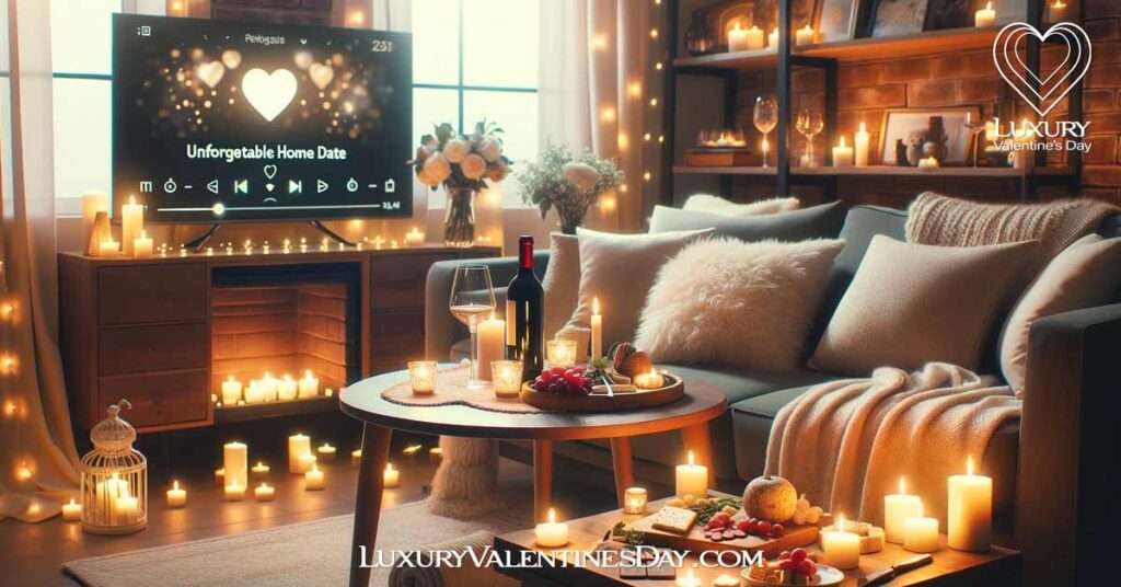 At Home Date Night Ideas FAQs: Cozy living room prepared for a romantic home date with candles and wine | Luxury Valentine's Day