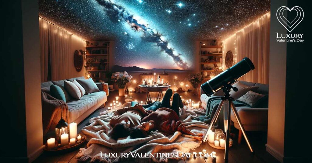 At-Home Date Night Ideas Stargazing Indoors: Romantic indoor stargazing setup with a couple under a starry sky projection | Luxury Valentine's Day