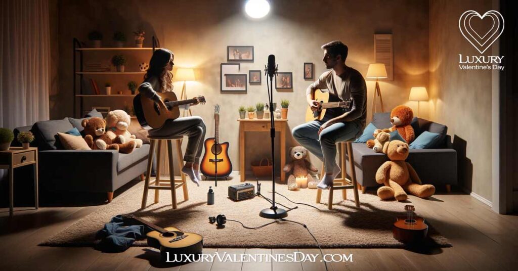At-Home Date Night Ideas Two Person Talent Show: Cozy living room transformed into a stage for a two-person talent show. | Luxury Valentine's Day