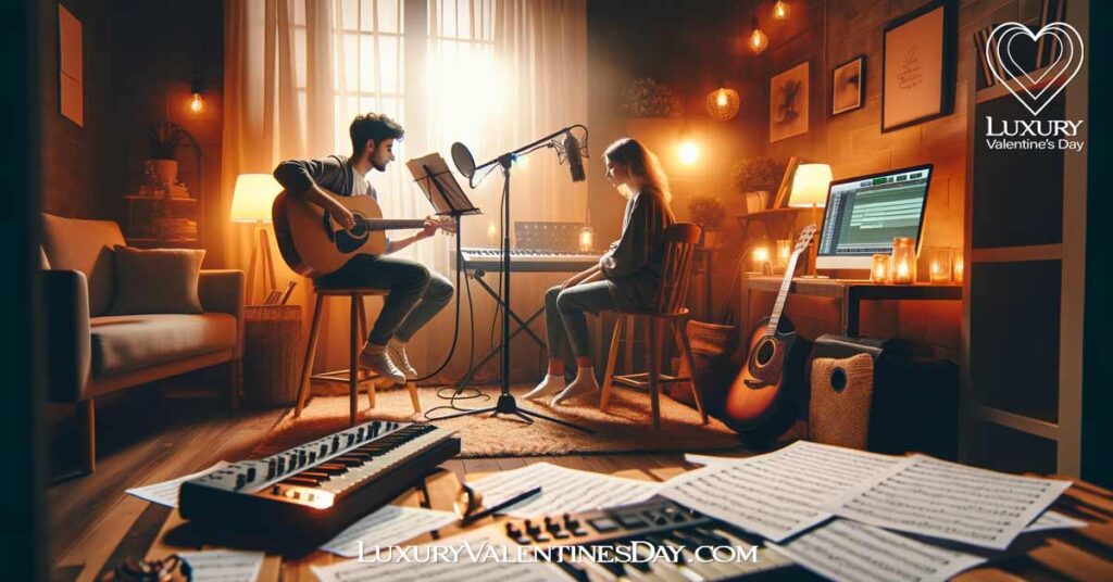At Home Date Night Ideas Write Perform a Song: Cozy home music studio setup for a couple writing and performing a song | Luxury Valentine's Day