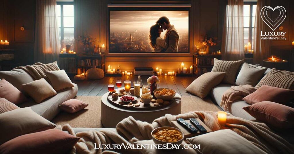 At-Home Entertainment Valentine Date Ideas: Cozy living room setup for a romantic movie marathon date night | Luxury Valentine's Day