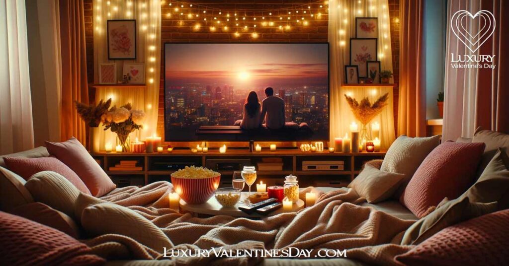 At-Home Valentine Date Ideas: Cozy at-home movie night setup for Valentine's Day with romantic ambiance | Luxury Valentine's Day
