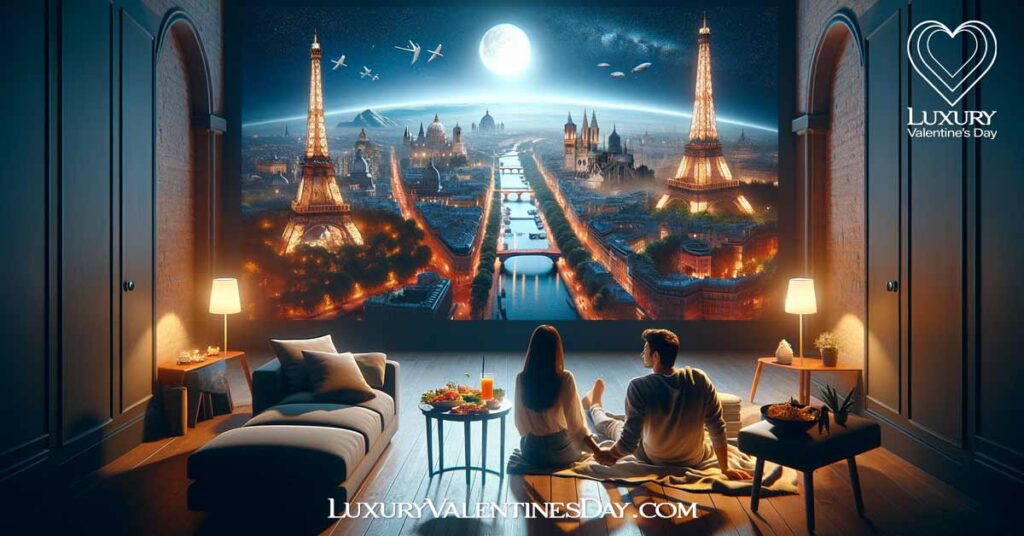 At Home Virtual Tour Date Night Ideas: Couple enjoying a virtual tour of world landmarks in their living room. | Luxury Valentine's Day