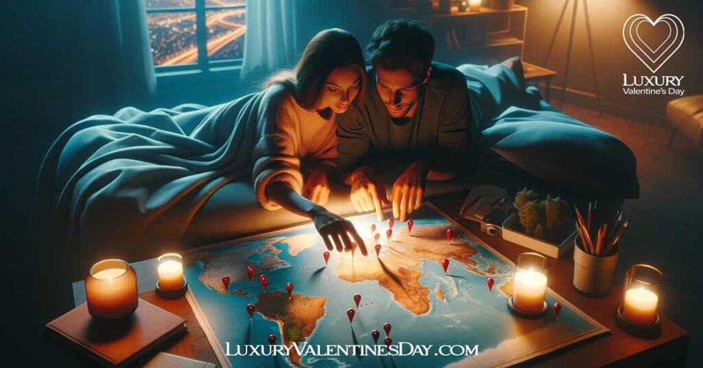 Beyond Physical Touch Creative Ways to Connect: Couple planning a vacation with a world map. | Luxury Valentine's Day