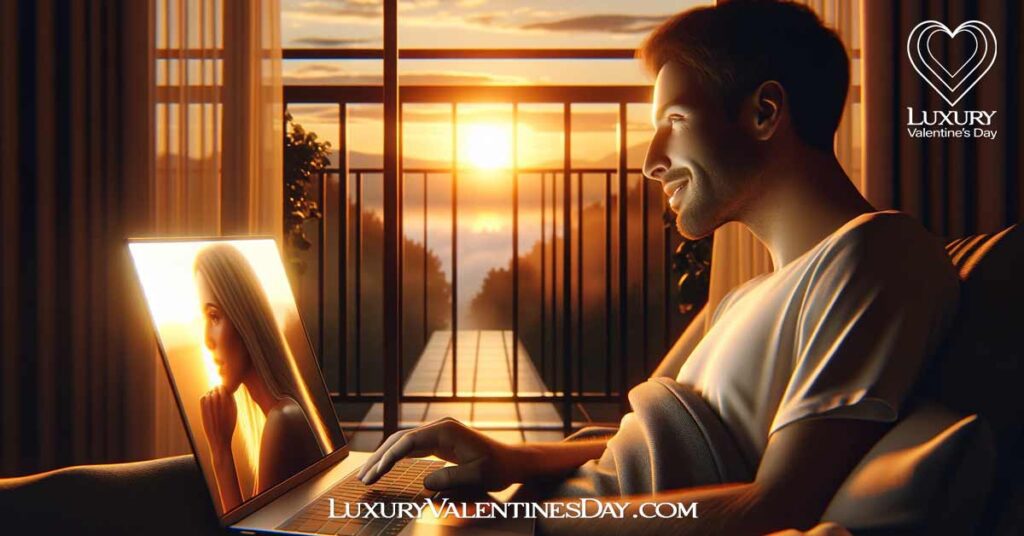 Conclusion Date Ideas Long Distance Relationship: Long-distance couple enjoying a sunset together over a video call, sharing a serene moment. | Luxury Valentine's Day