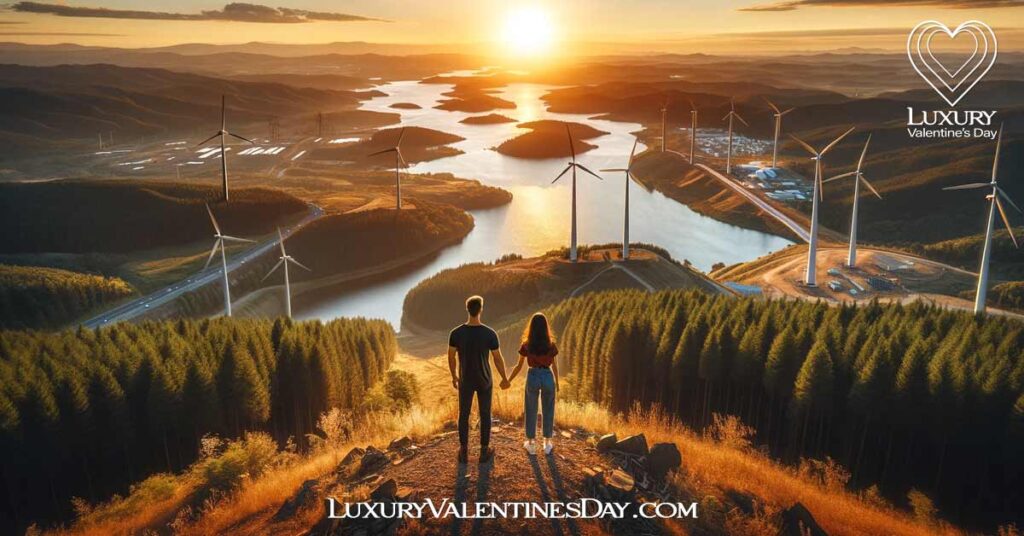 Conclusion Eco Friendly Date Ideas: Couple on hill at sunset overlooking landscape with windmills | Luxury Valentine's Day