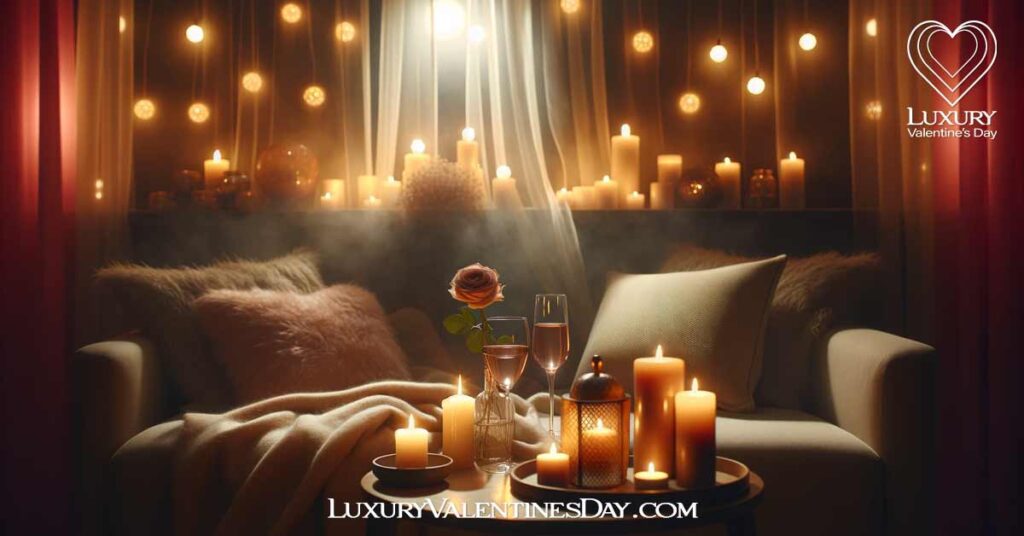 Crafting Perfect Ambiance for Romantic Home Dates: Serene romantic setting with candles and wine for a home date | Luxury Valentine's Day