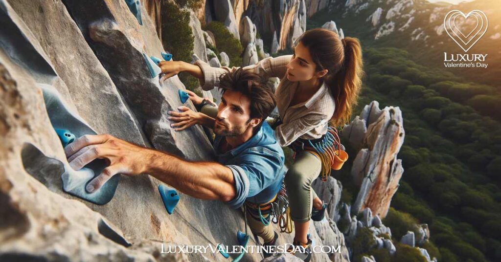Creative Date Ideas for Adventure Seekers: Couple rock climbing together on a cliff | Luxury Valentine's Day