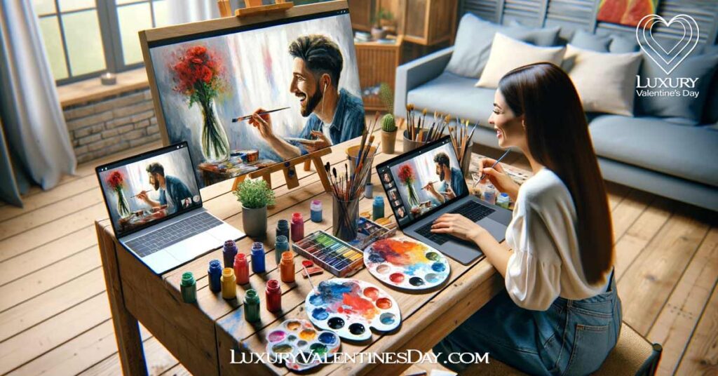 Creative Date Ideas for Long Distance Relationships: Couple engaging in a virtual painting class, with canvases and laptops showing their creative session. | Luxury Valentine's Day