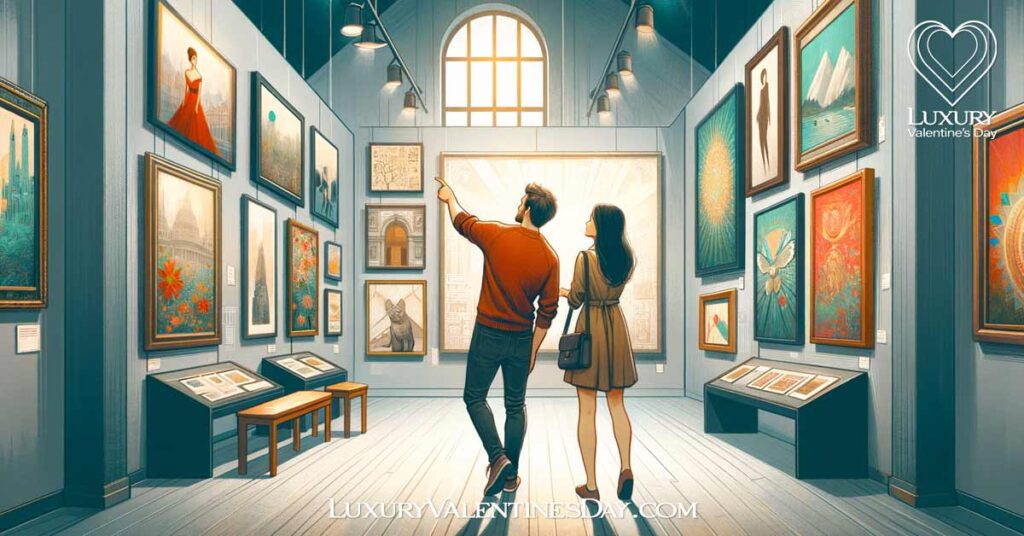 Creative and-Cultural Valentine Date Ideas: Couple exploring an art gallery, engaging with diverse artworks together. | Luxury Valentine's Day