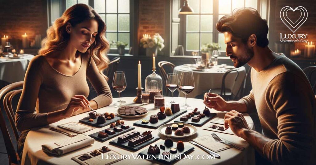 Culinary Indoor Date Ideas: Couple at a chocolate tasting workshop, discussing impressions of various chocolate samples | Luxury Valentine's Day