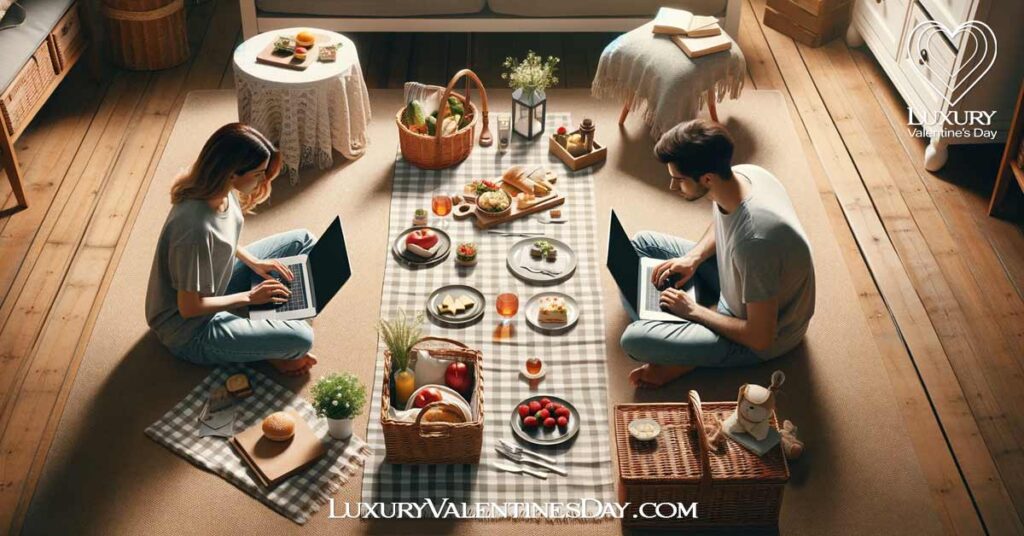 Cute Long Distance Date Ideas: A couple enjoys a cozy virtual picnic date, complete with blankets, baskets, and a spread of food. | Luxury Valentine's Day