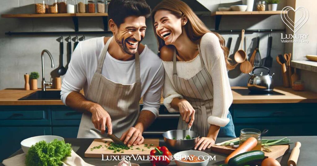 Creative Date Ideas For Foodie Couples: Couple enjoying a cooking class together | Luxury Valentine's Day