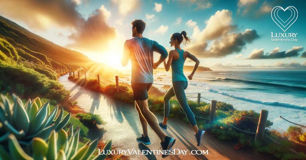 Creative Date Ideas for Fitness Fanatics: Couple jogging together at sunrise by the ocean | Luxury Valentine's Day