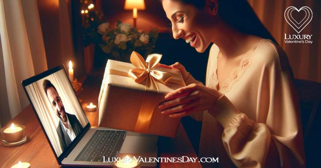 Date Ideas for Long Distance Her Girlfriend: Delighted woman opening a surprise gift on a virtual date with her partner. | Luxury Valentine's Day