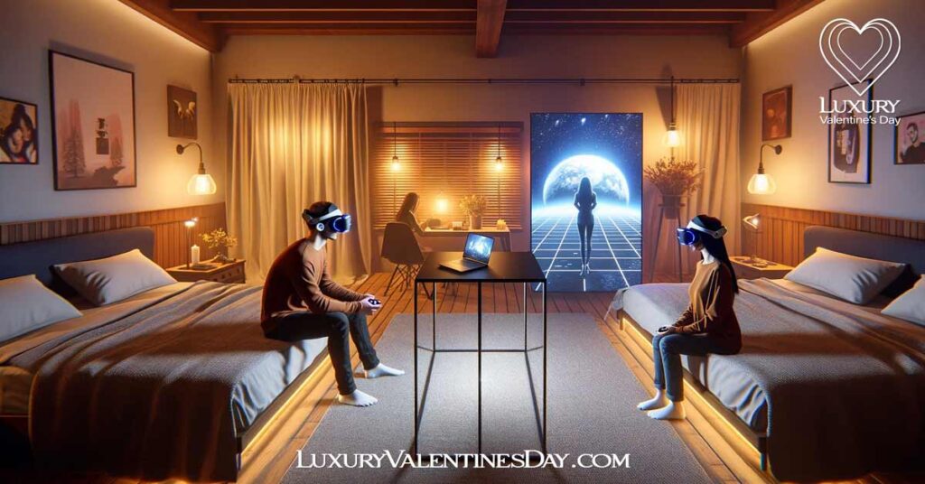 Date Idea -or Long Distance Him Boyfriend: Excited couple preparing for a virtual reality date night in separate rooms. | Luxury Valentine's Day