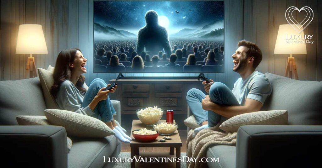 Date Night Ideas for Long Distnace Relationships LDR: Couple enjoying a cozy virtual movie night with laughter and shared snacks | Luxury Valentine's Day