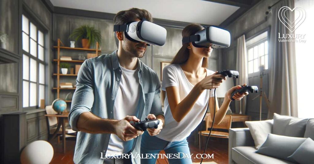 Creative Date Ideas for Tech Savvy Couples: Couple enjoying VR gaming at home | Luxury Valentine's Day