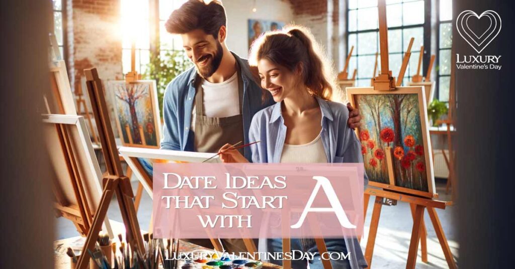 Date Ideas that Start with A: Couple enjoying a creative art class together, surrounded by vibrant artwork | Luxury Valentine's Day