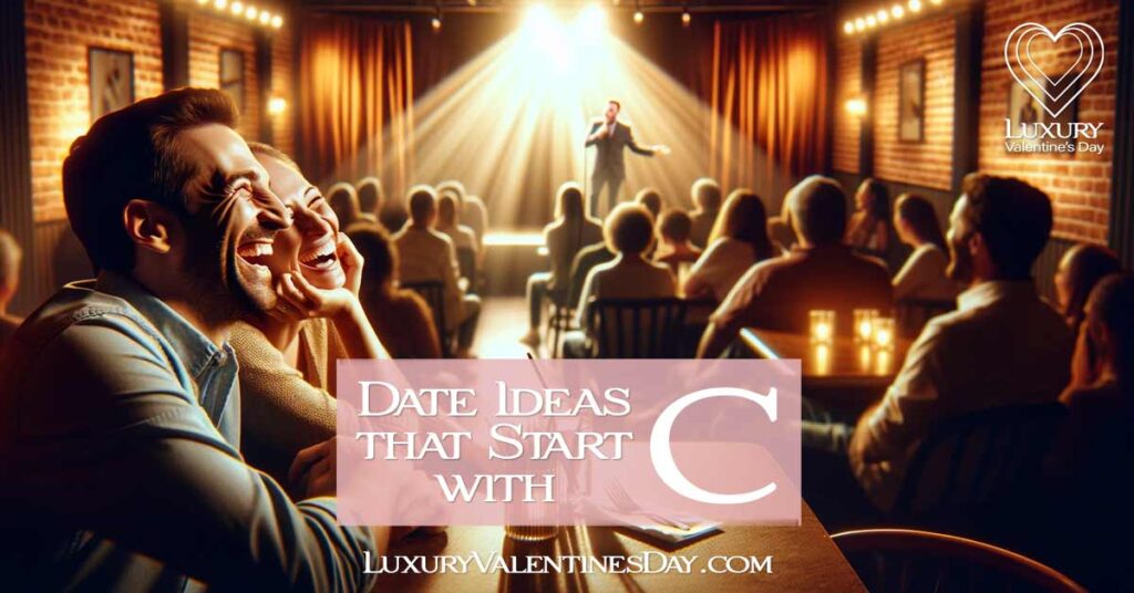 Date Ideas that Start with C: Couple laughing together at a comedy club during a live performance | Luxury Valentine's Day