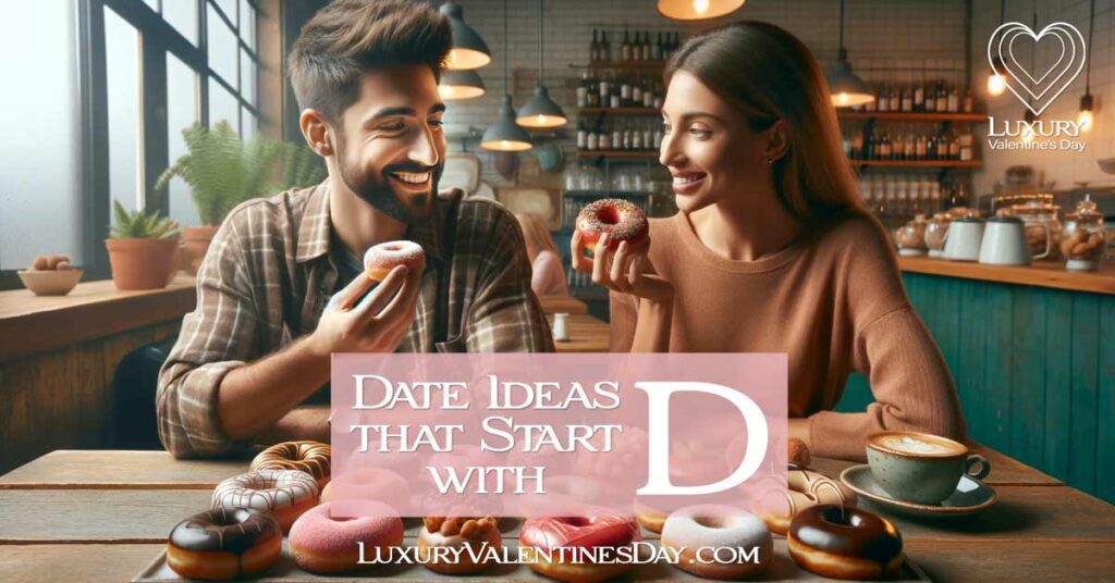 Date Ideas that Start with D: Couple tasting colorful doughnuts at a cozy café, sharing sweet moments | Luxury Valentine's Day