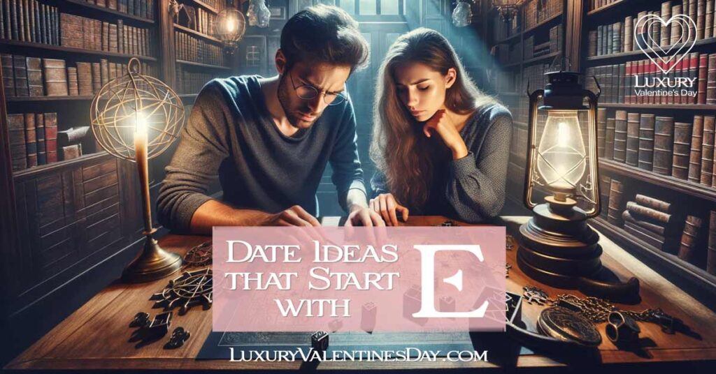 Date Ideas that Start with E: Couple solving puzzles together in an escape room themed as an ancient library | Luxury Valentine's Day