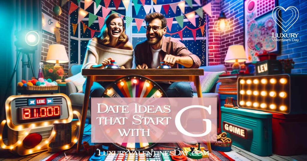 Date Ideas that Start with G: Couple enjoying a lively game show night at home with colorful decorations | Luxury Valentine's Day