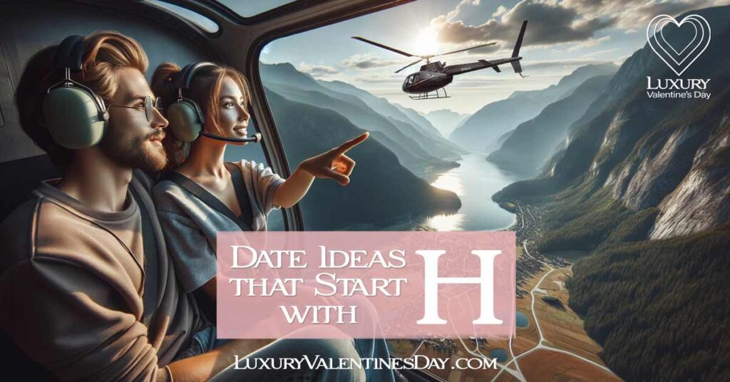Date Ideas that Start with H: Couple on an exhilarating helicopter tour, marveling at the landscape below | Luxury Valentine's Day