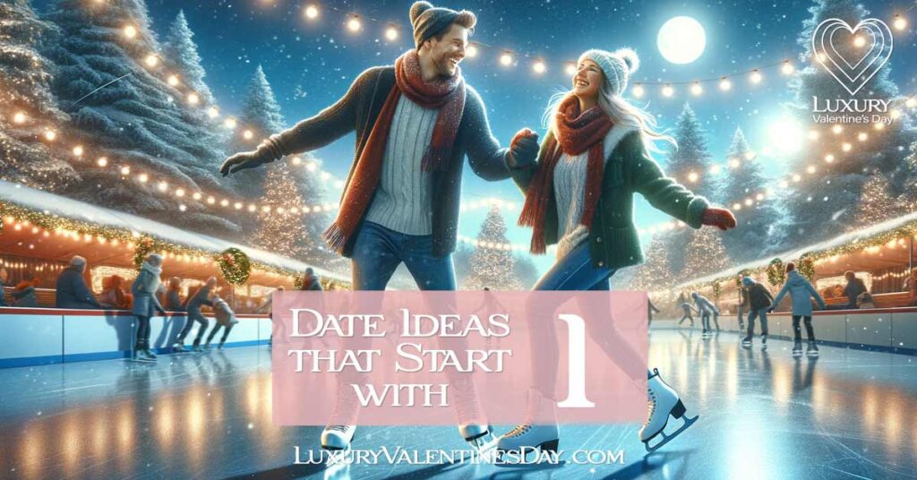 Date Ideas that Start with I: Joyful couple ice skating on an outdoor rink under twinkling fairy lights | Luxury Valentine's Day